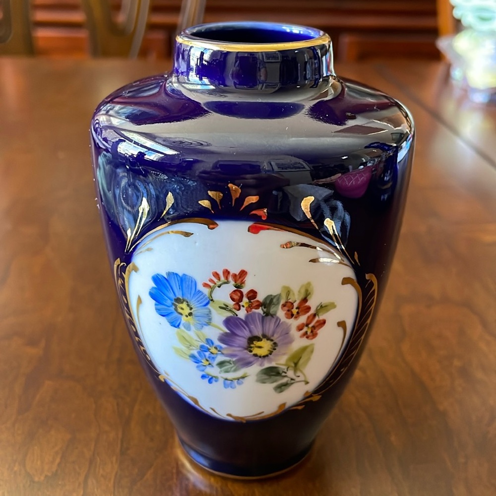 Vintage Limoges China cobalt blue floral and gold 5” small vase